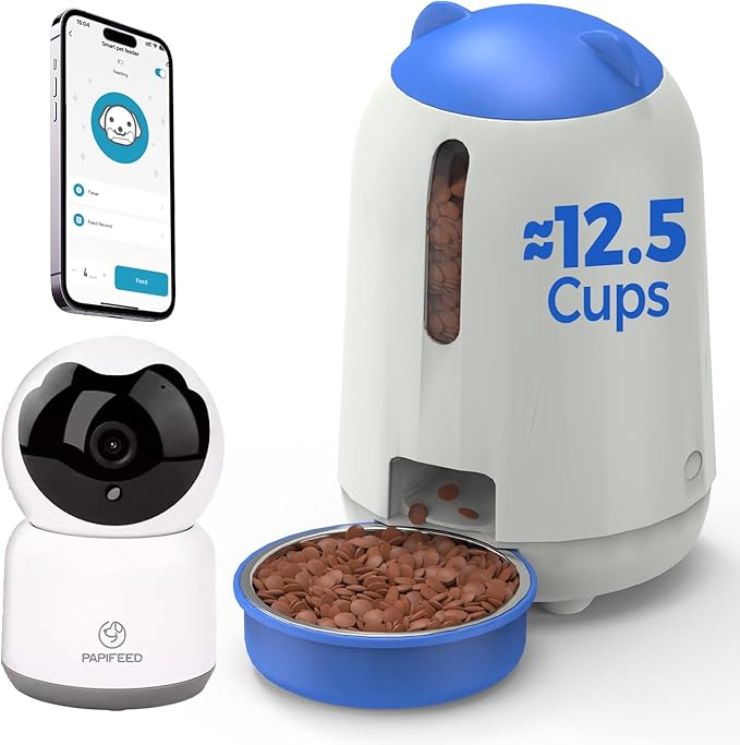 PAPIFEED 3L Automatic Cat Feeder and External Camera, 2.4G WiFi Auto Pet Feeder with App Control and Dual Power Supply, 1080P HD Video with Enhanced IR Night Vision, Two-Way Voice Call Camera, Blue