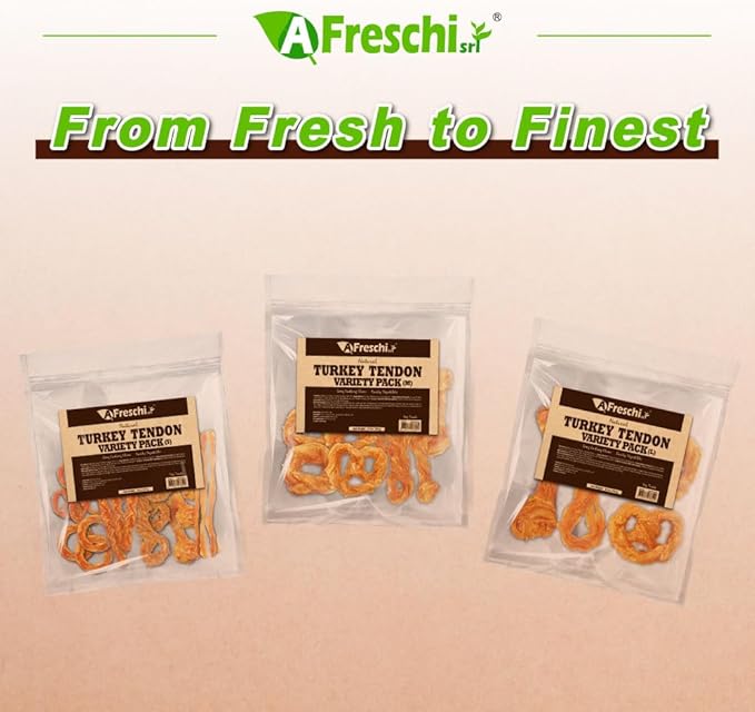 AFreschi Turkey Tendons for Dogs, USA-Sourced, Healthy Dog Treats, Rawhide-Free Puppy Chews, Long Lasting, All Natural, Hypoallergenic Dog Treats for Medium Breeds, 10 oz Pack Variety (M)