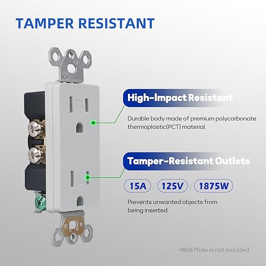 Gray Decorator Wall Recetpacle Outlet, 15 Amp Decor Standard Electrical Wall Socket, 2 Pole 3 Wire, Residential and Commercial Use, UL Listed, 10 Pack
