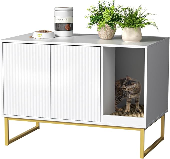 Cat Litter Box Enclosure, Fluted Hidden Litter Box Furniture with Scratch Pad and Metal Legs, Modern Enclosed Cat Cabinet, 31.5 x 17.7 x 21.7 Inches Indoor Pet House for Living Room, Washroom, White