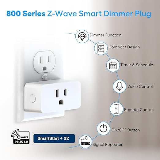 Z-Wave Dimmer Plug 800 Series Zwave Smart Plug,Dimmable Outlet Built-in Repeater Range Extender,Z-Wave Hub Required, Compatible with Smartthings, Alexa and More,FCC and ETL, 200W