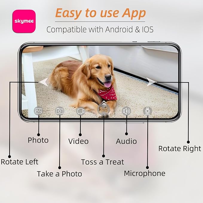 Petalk AI II Dog Camera with Auto Treat Dispenser, No Subscription Fee, 1080p HD, 180° Full-Room View 2-Way Audio, Night Vision, 2.4GHz WiFi Only