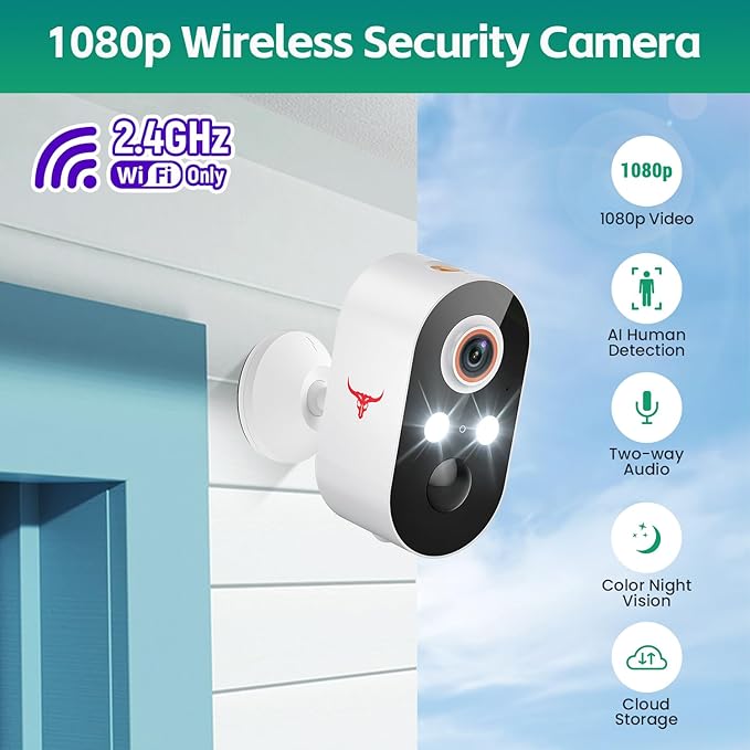 1080p Wireless Security Camera with AI Human Detection, Night Vision, 2-Way Talk, Cloud Storage, 2.4G WiFi Only, Battery Camera for Home Security (2 Spotlights)
