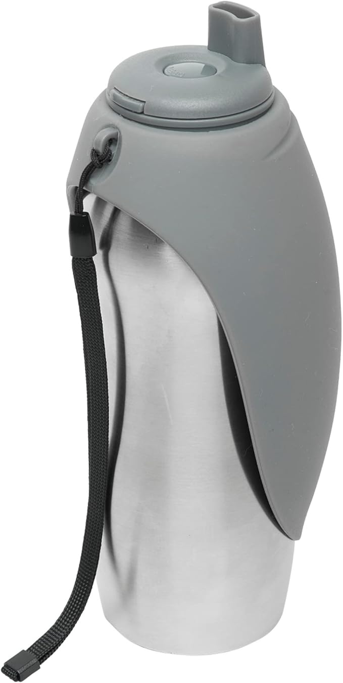 Messy Mutts Stainless Steel Travel Water Bottle with Silicone Flip Up Bowl | Pet Travel Necessity | Camping, Hiking, Walking Accessory | 24 oz / 700mL | Grey