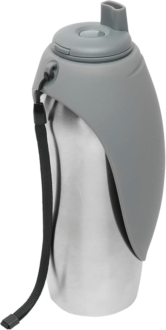 Messy Mutts Stainless Steel Travel Water Bottle with Silicone Flip Up Bowl | Pet Travel Necessity | Camping, Hiking, Walking Accessory | 24 oz / 700mL | Grey