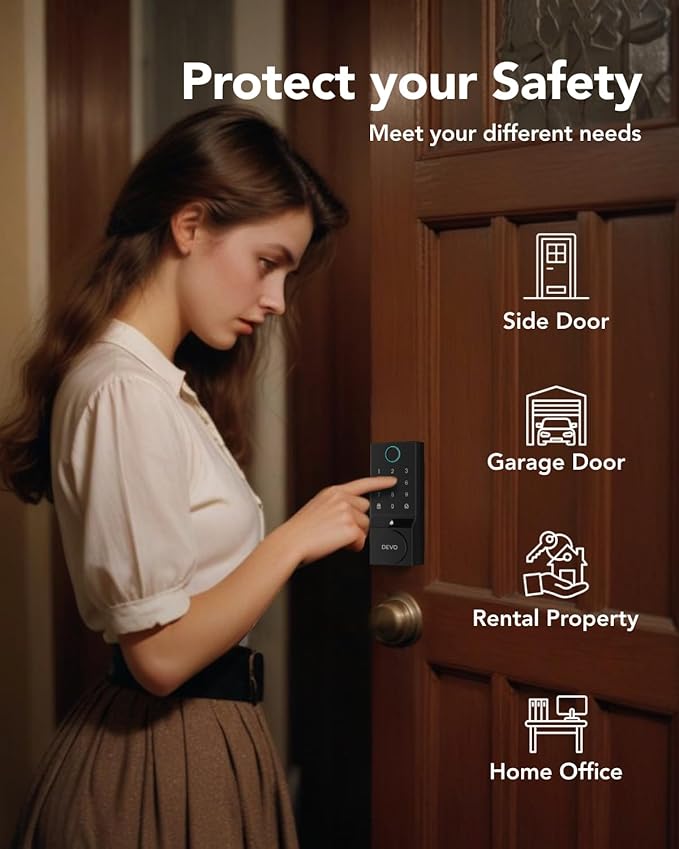 Devo G3 Fingerprint Smart Door Lock, Keyless Entry Door Lock, App Control, Smart Locks for Front Door, Smart Deadbolt Lock, Built-in Wi-Fi, Touchscreen Keypad, 8 Months Battery, IP54 Waterproof