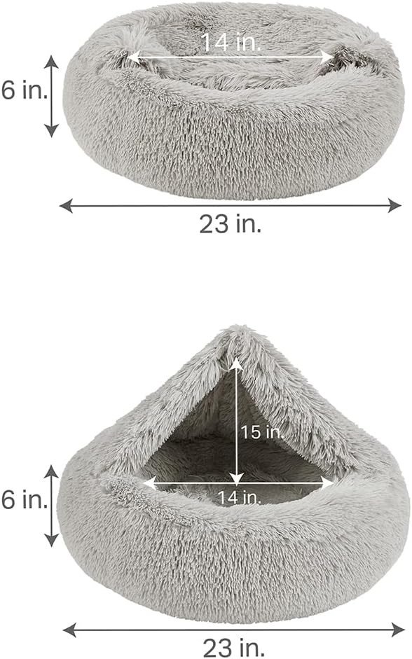 Friends Forever Luna Donut Cat Bed Cave, Soft Faux Fur Hooded Blanket Dog Couch For Indoor Pet, Fluffy Calming Plush Shag, Cozy Round Cushion, Machine Washable Cuddler, Self Warming, Grey