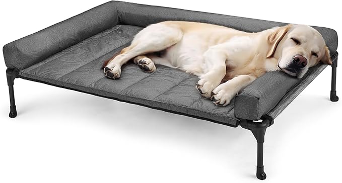 Veehoo Cooling Elevated Dog Bed Add Removable Waterproof Bolster Cushion Mat, Raised Pet Cot with Breathable Teslin Mesh, No-Slip Feet, Dog Couch Bed for Indoor Outdoor, Large, Black Silver