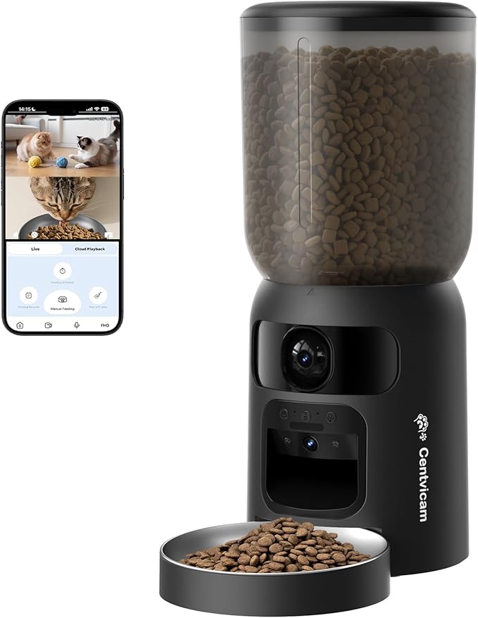 Automatic Cat Feeder with Dual 2K HD Camera, Smart Pet Food Dispenser for Timed Meals, APP Control Laser Interactive Toy Treat Feeders with 2.4G / 5G WiFi, Black