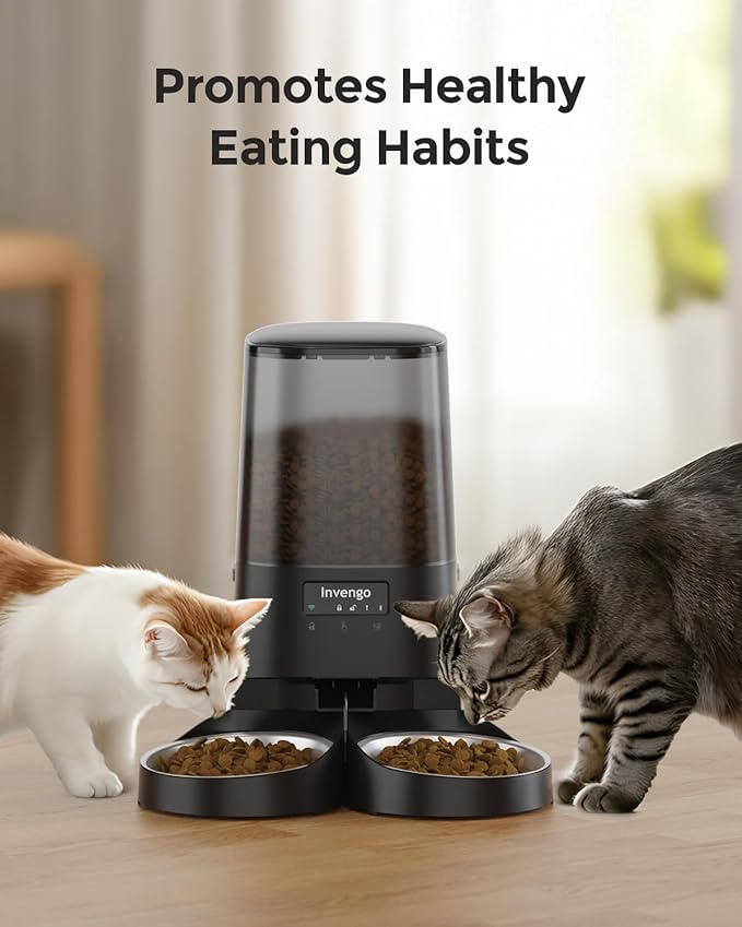 Automatic Cat Feeder - Cat Food Dispenser for 2 Cats MeowServe S20D, Auto Dog Feeder with Stainless Steel Bowls, 5L Pet Feeder with Patented Anti-Jam Port, App, Dual Lock Lid & 2.4G/5G WiFi