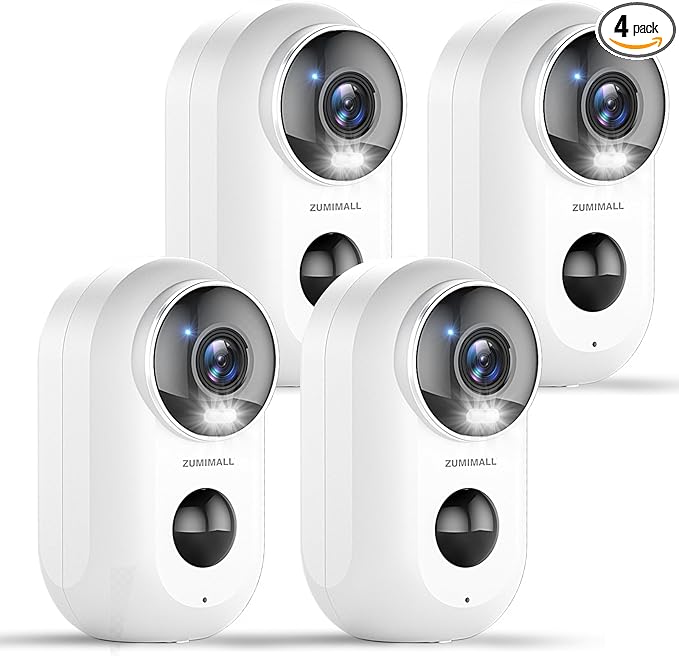 ZUMIMALL Security Cameras Wireless Outdoor, 4 Packs, 2K Cameras for Home Security, Outdoor/Indoor Camera Battery Powered, 2.4G WiFi, Magnetic Mount,3MP Color Night Vision/Siren/PIR/AI/Cloud/Alexa