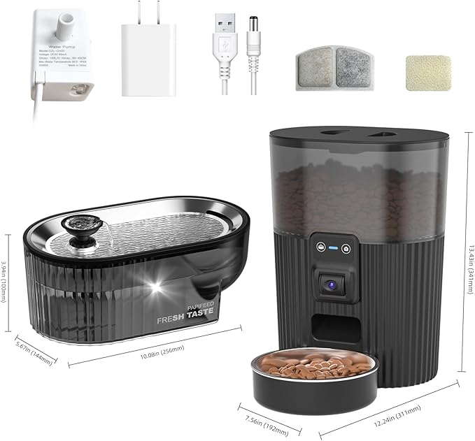 PAPIFEED Automatic Cat Feeder with Camera with 84 oz/2.5L Automatic Pet Drinking Fountain,Adjustable Angle 2.4G WiFi/App Pet Food Dispenser,3.5L/15 Cup Timed Dispenser with Two-Way Audio