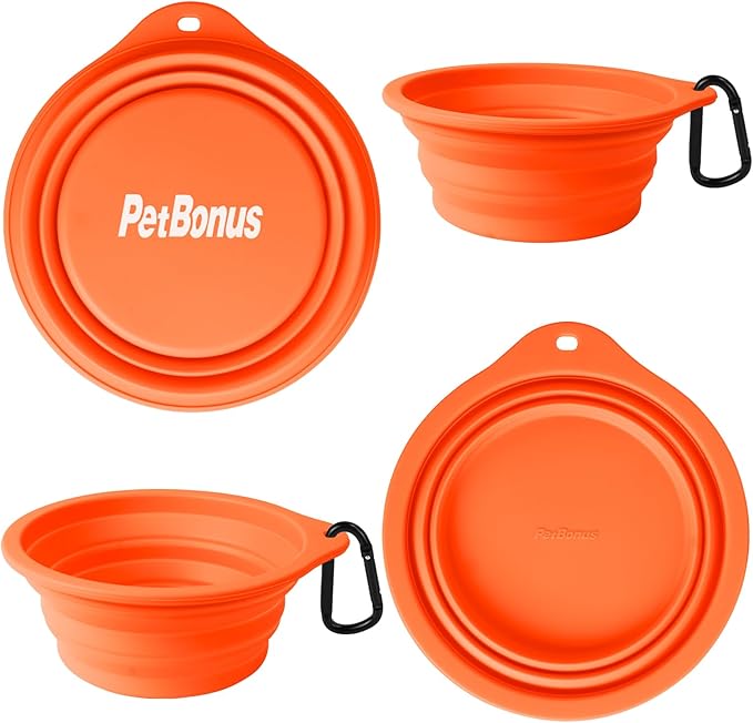 PetBonus 2-Pack Silicone Collapsible Dog Bowls, BPA Free Dishwasher Safe, Portable Foldable Expandable Travel Bowl, Food Water Feeding Cup Dish for Dogs Cats with 2 Carabiners (Green, Orange)