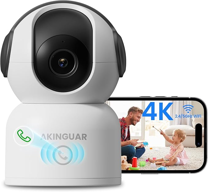 4K 8MP WiFi Camera, 4K 8MP 360°Pan/Tilt Indoor Camera, 2-Way Talk, One-Touch Calling, Full-Color Night Vision in Low Light, Smart AI Detection, Auto Tracking, for Kids/Elderly/Pets, Black