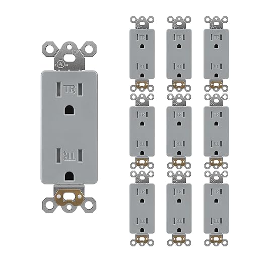 Gray Decorator Wall Recetpacle Outlet, 15 Amp Decor Standard Electrical Wall Socket, 2 Pole 3 Wire, Residential and Commercial Use, UL Listed, 10 Pack