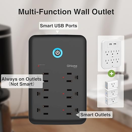 GHome Smart Plug Outlet Extender, Surge Protector with 3 Individually Controlled Smart Power Strips and 3 Smart USB Ports, Smart Plugs that Works with Alexa Google Home, Smart Outlet, 15A/1800W, Black
