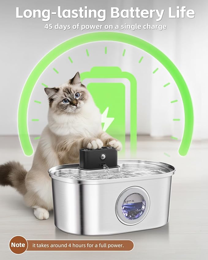 Cat Water Fountain Cordless, Stainless Steel Pet Water Fountain Wireless – 3.2L/108oz Battery Operated Automatic Water Dispenser for Cats Indoor, with Motion Sensor & Quiet Pump (4 Filter & Sponge)