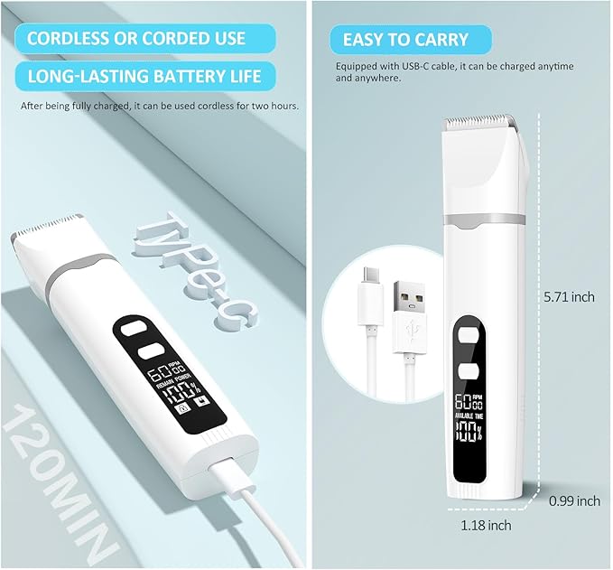 Dog Clippers for Grooming, 4 in 1 Dogs Paw Trimmer Pet Grooming Kit, Low Noise Dog Shavers with Nail Grinder Quiet, Rechargeable Cordless Electric Pets Clippers, 2-Speed Pet Hair Trimmer for Dogs Cat