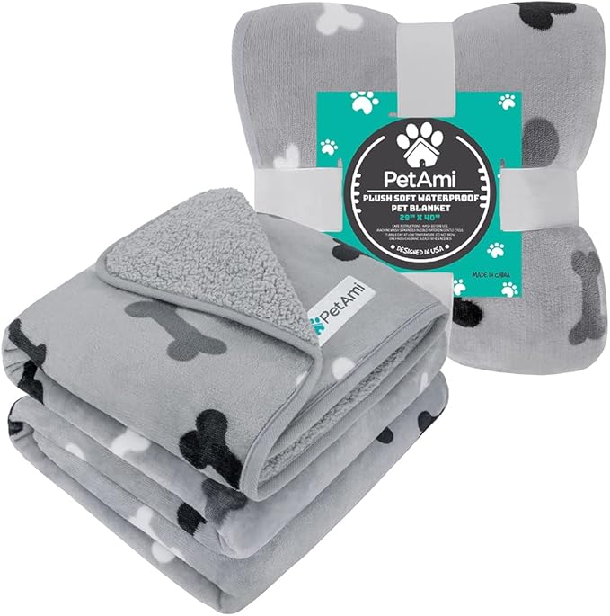 PetAmi Waterproof Dog Blanket for Small Medium Dogs, Pee Proof Pet Blanket for Couch Bed, Reversible Water Proof Blanket for Puppy Indoor Cat, Soft Dog Fleece Blankets Washable, 29x40 Bone Gray