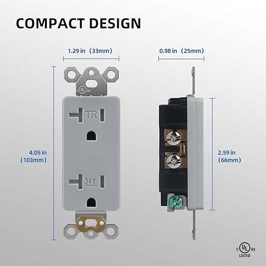 10 Pack Standard Decorator Electrical Wall Receptacle, 20 Amp Tamper Resistant Outlet, Self-Grounding, Residential Grade, 2 Pole 3 Wire, UL Listed, Gray