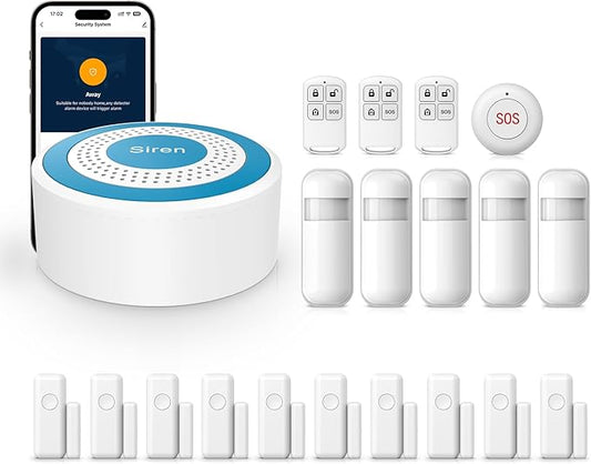 WiFi Door Alarm System, Wireless Alarm System 20 Piece Kit with Phone APP Alert Alarm Siren Door Window Sensor Motion Sensor Compatible with Alexa No Contract Ideal for Home, Garage, Apartment
