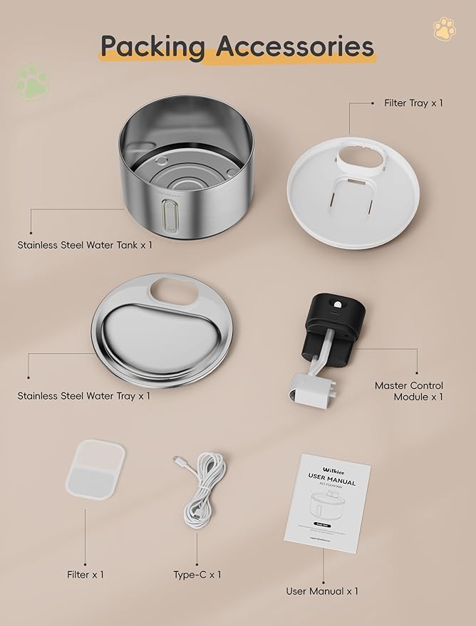 Wireless Cat Water Fountain, 135fl.oz/4L Stainless Steel Cat Fountain Battery Operated, Pet Water Dispenser Cordless for Cats & Dogs Indoor (1 Set Filter)