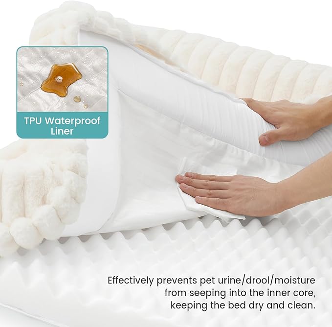 Cute Dog Bed, Faux Rabbit Fur Orthopedic Foam Dog Bed with Sides, Removable Washable Cover & Waterproof Lining, Comfortable Pet Couch for Small Dogs, Cream (30" L x 20" W x 6" Th)