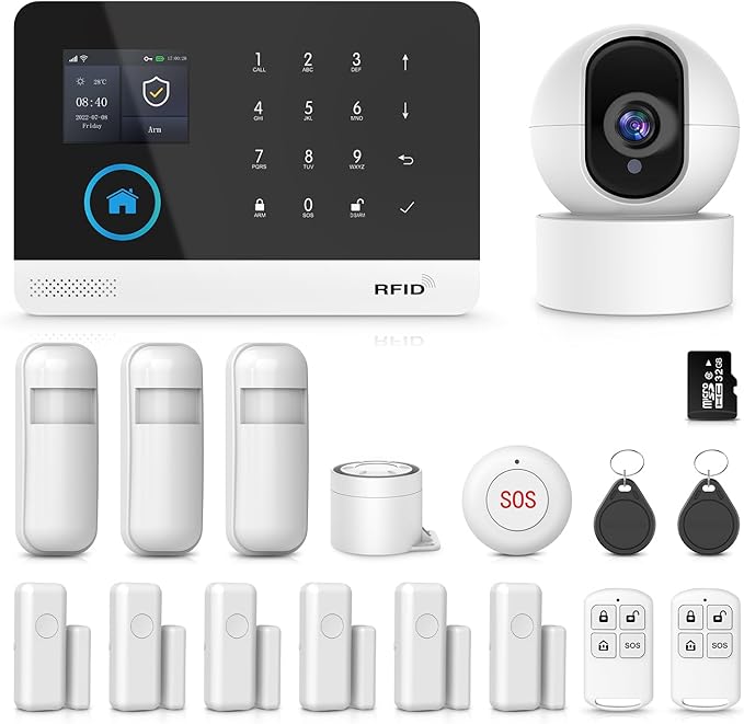 PGST Wireless Alarm System with 2MP HD Security Camera and 32GB Memory Card,4G SMS/Tuya APP Real-Time Alerts,17 Piece Home Security System,Motion Detector for Villa,Apartment,No Subscription Fee