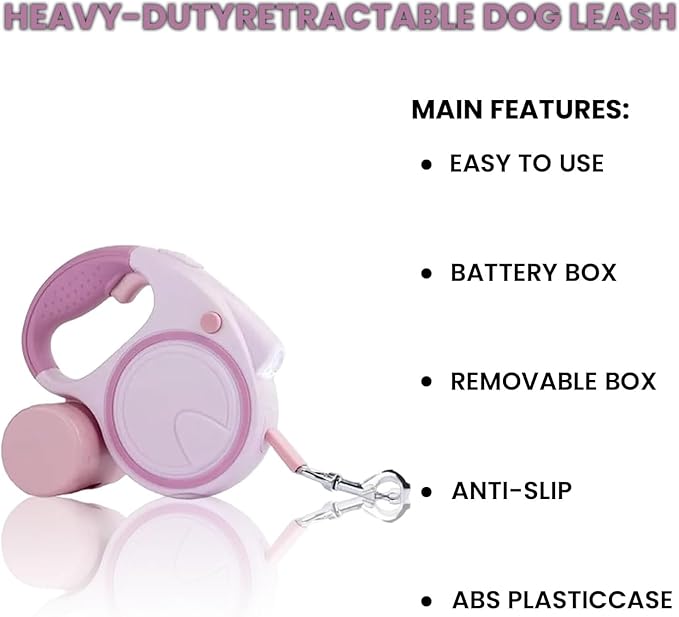 Retractable Dog Fancy Leash with Flashlight and Dispenser, 16 ft Dog Retractable Leash is Perfect for Safe and Comfortable Walking with Your Pet - Suitable for Small Medium Large Dogs (Pink)