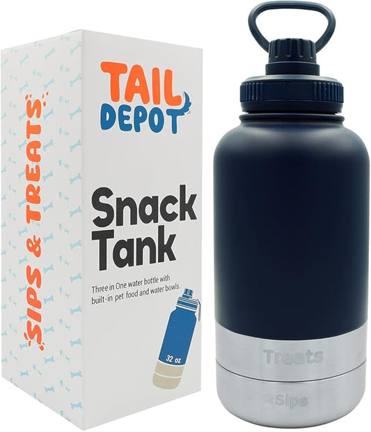 Tail Depot Snack Tank Dog Water Bottle Portable, Pet Water Bottles for Puppy with Food Container, Leak Proof Pet Dispenser for Cats, Small Animals, Dog Gift Accessories Walking, Hiking (1 Liter)