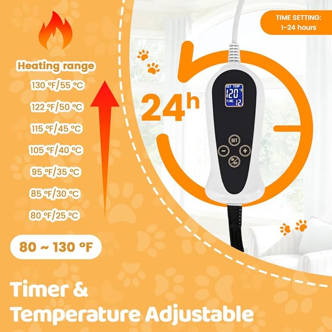 Pet Heating Pad for Cats Dogs with Timer Temperature Adjustable, Electric Heating Mat Indoor, Adjustable Warming Mat, Waterproof Heated Bed with Chew Resistant Steel Cord,Pet Heated Mat