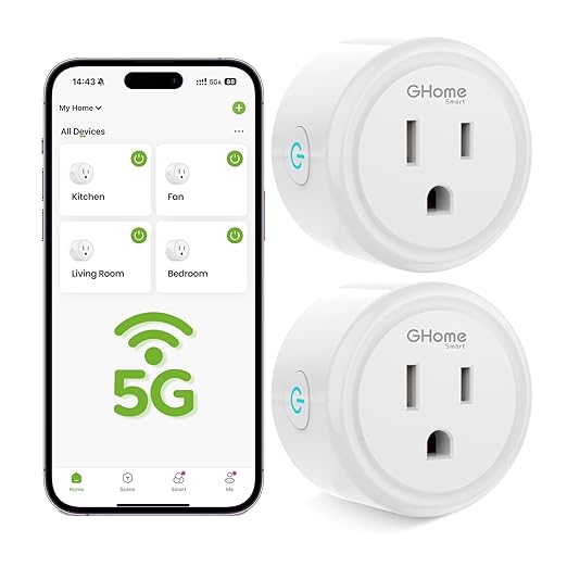 GHome Smart 5G 15A WiFi Smart Plug Compatible with Alexa and Google Home, Outlet Timer Smart Home WiFi Outlet Timer with Remote Control, 5GHz and 2.4GHz Wi-Fi Sockets, ETL FCC Listed, White, 2 Pack