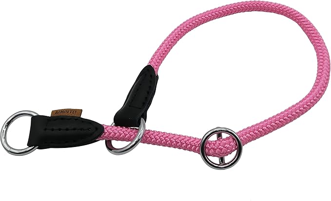 Braided Round Martingale Dog Collar, Training Collar with Slidable Stop Ring - Ideal for Small Medium Dogs (M- (1/3") - 18" Long, Pink)