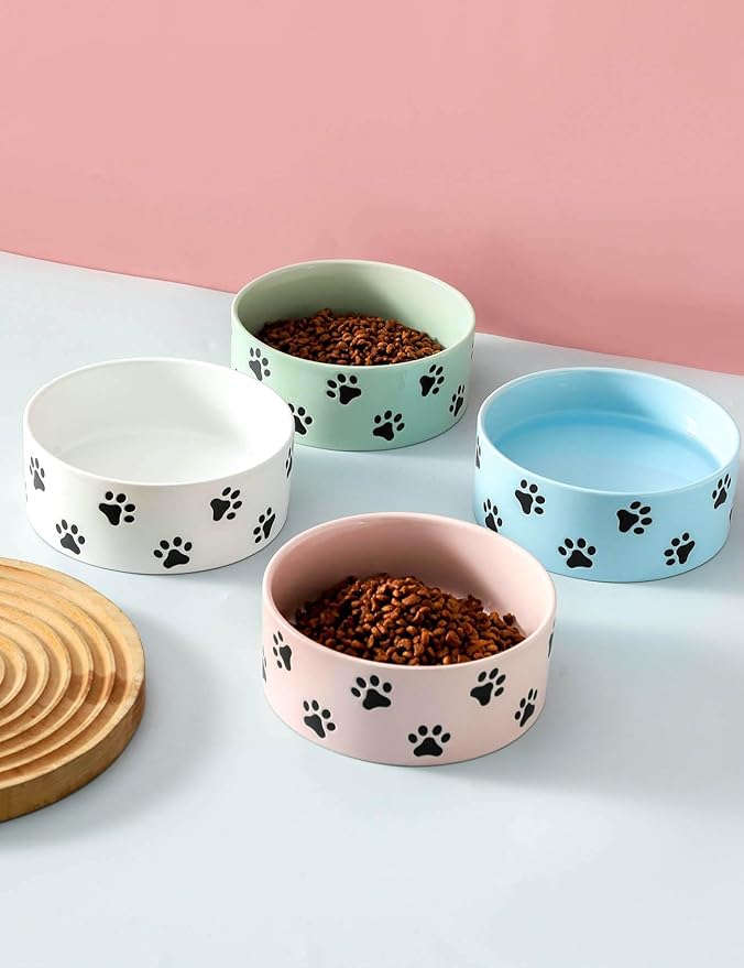 6.5 Inch Pink Ceramic Dog Bowl with Paw Print Pattern - Porcelain Wide Mouth Dog Food or Water Bowls, Large Feeding Pet Bowls for Indoor Medium Sized Dogs, for Wet or Dry Food