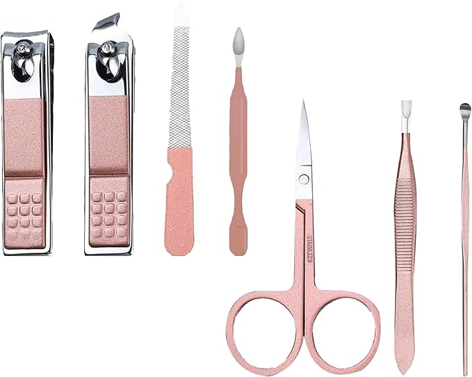 7Pcs Nail Clipper Set, Portable Travel Manicure Set, Stainless Steel & Carbon Steel Mini Manicure Kit, Exquisite Rose Gold Kit for Women and Men