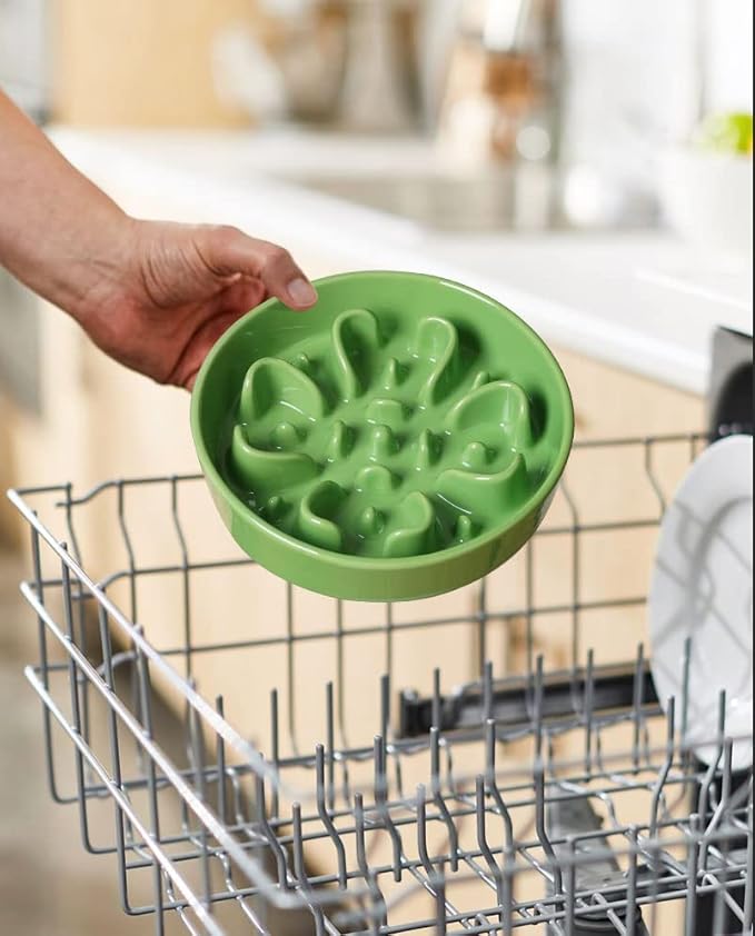 LE TAUCI Ceramic Slow Feeder Dog Bowls Elevated for Small and Medium Breed, Dog Bowls with Wooden Stand, 1.5 Cups Pet Dishes to Slow Down Eating, Anti-Gulping Pet Feeding Dishes, Clover Green