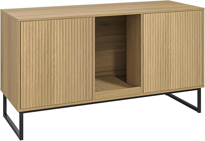 Kitty Litter Box Enclosure for 2 Cats, Small Hidden Cat Litter Box Furniture with Scratch Pad, Modern Fluted Double Litterbox Cabinet TV Stand for Kittens, Natural