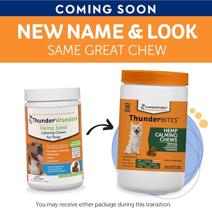 ThunderWunders Hemp Dog Calming Chews | Vet Recommended for Situational Anxiety | Fireworks, Thunderstorms, Travel & More | Made with Hemp Seed, Thiamine, L-Tryptophan, Melatonin & Ginger (60 Count)