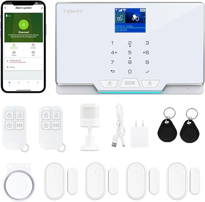 Home Alarm System,12 Pieces Smart Home Alarm Security System DIY No Monthly Fee,Phone Alert,Alarm Siren,Door/Window Sensors,Remotes,Compatible with Alexa and Google, for House Apartment Office,Villa