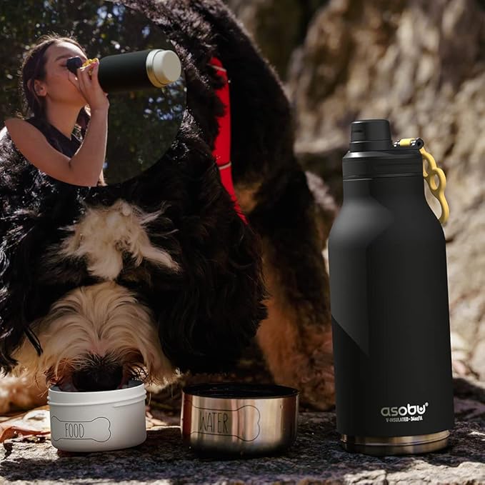 Asobu Dog Barky Bottle – Insulated Stainless Steel Water Bottle with 2 Removable Dog Bowls for Food, Treats & Water – Pet-Friendly Travel Bottle for Hiking, Road Trips & Outdoor Adventures