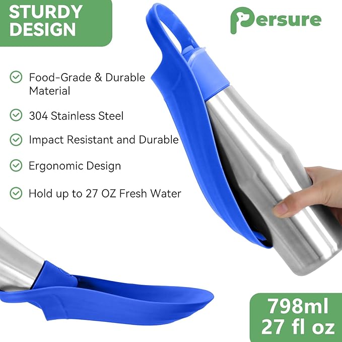 27 OZ Dog Water Bottle Portable Stainless Steel Convenient Pet Water Dispenser, Leak Proof Puppy Travel Water Bowl for Dog Outdoor Walking, Hiking, Perfect Size for All Dog Breeds, Blue