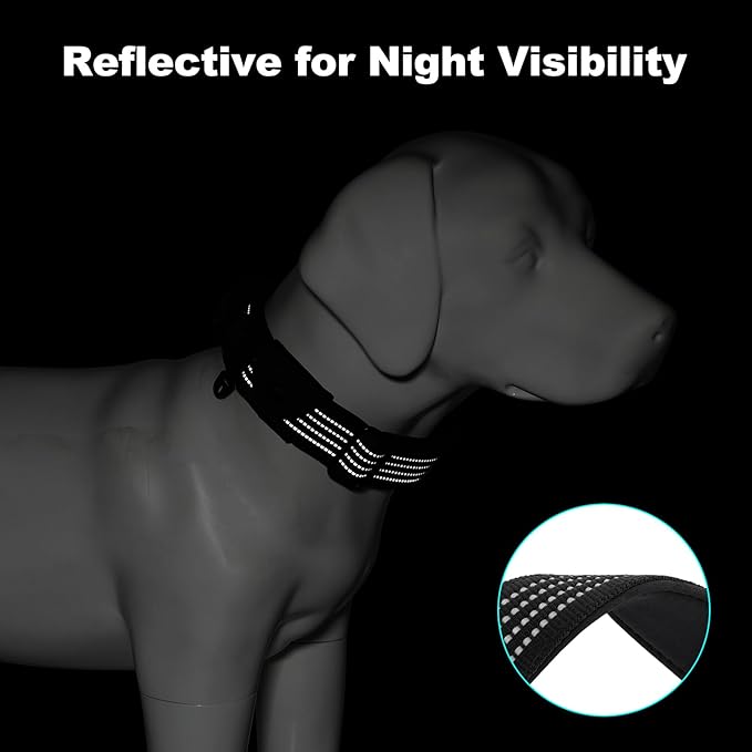 Plutus Pet Tactical Dog Collar with Tracker Packet for AirTag, Adjustable Reflective Nylon Collar, Metal Buckle, Leather-Wrapped Handle, Soft Padded for Medium Large Dogs (Black, S)