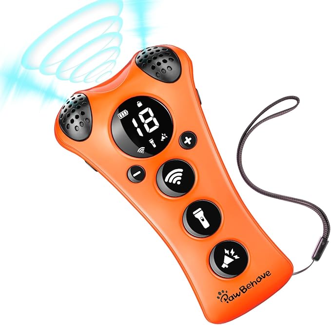 Adjustable Ultrasonic Dog Trainer β World's First Variable Frequency Pet Behavior Corrector with 10 Level Ultra Sound, 18 Dog Whistles, Anti-Bark Flashlight, Humane Dog Deterrent (Orange)