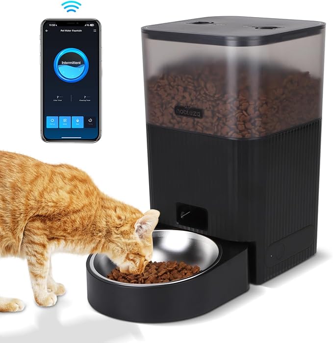 Nobleza Automatic Cat Feeder, WiFi 4.2qt Large Container Automatic Dog Feeder Dispenser with Slow Feeding Sensor, Easy Setup with Dual Power Safety Material Cat Food Dispenser