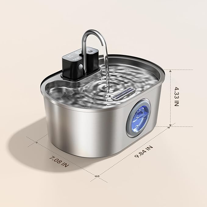 PEKTACO Wireless Cat Water Fountain Stainless Steel, 108oz/3.2L Cordless Battery Operated Pet Water Fountain for Cats Indoor with Quiet Pump, Easy Clean, BPA-Free(3 Filters)