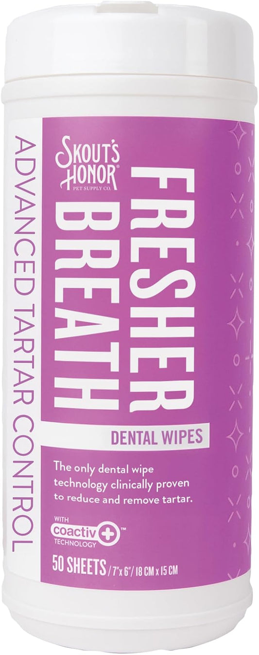SKOUT'S HONOR Fresher Breath Dental Wipes- Pet Dental Wipes - Fights Plaque and Tartar, Freshens Breath Fast, No Brushing Required, 50 Sheets
