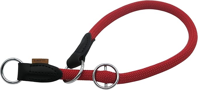 Braided Round Martingale Dog Collar, Training Collar with Slidable Stop Ring - Ideal for Large Dogs (L(1/2") - 22" Long, Red)
