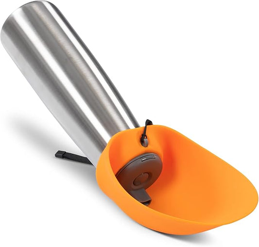 Messy Mutts Double Wall Vacuum Insulated Stainless Steel Travel Water Bottle with Silicone Flip Up Bowl | Pet Travel Necessity | Camping, Hiking, Walking Accessory | 20 oz / 600mL | Orange