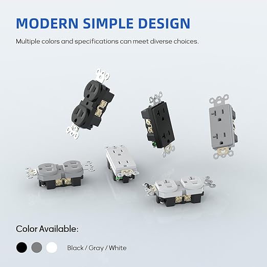 10 Pack Standard Decorator Electrical Wall Receptacle, 20 Amp Tamper Resistant Outlet, Self-Grounding, Residential Grade, 2 Pole 3 Wire, UL Listed, Gray