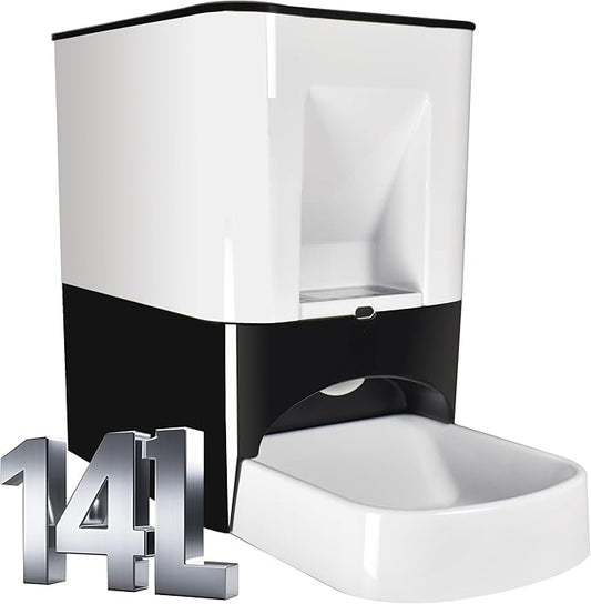 14L Automatic Dog Feeder Large Breed, Programmable Auto Pet Food Dispenser, Timed Dog Feeder Extra Large, Portion Control, 1200mAh Battery and Plug-in Power White